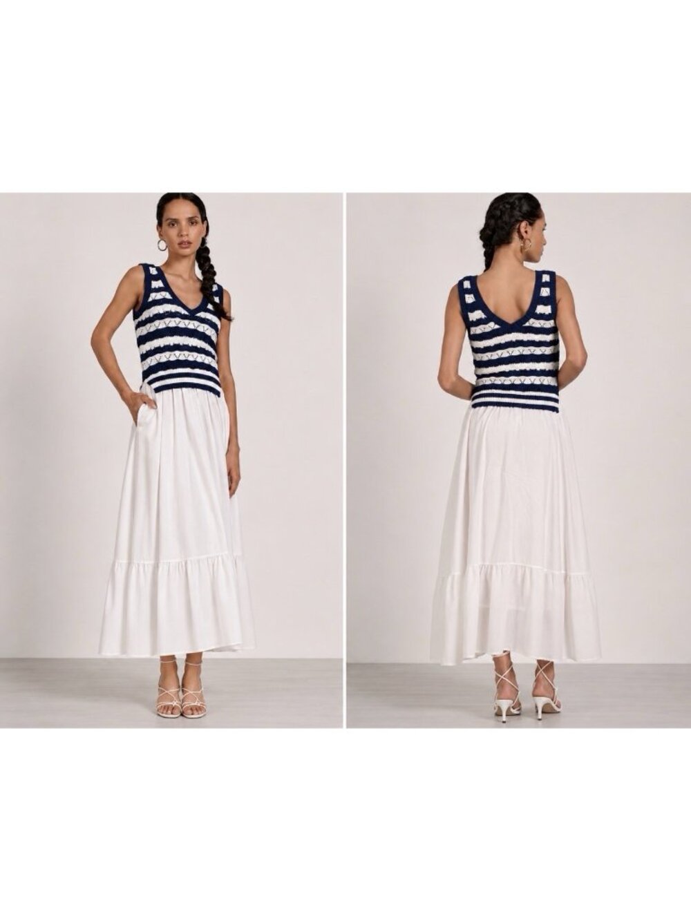 Elan M Mixed Media Crochet Knit & Linen Midi Dress White Black Stripe Summer NEW